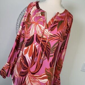 LA MER LUXE Women's Blouse Long Sleeve V-Neck Pink Floral Tropical Stretch L